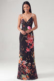 Robe longue formelle sirène à col fleuri en V à bretelles fines noires