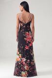 Robe longue formelle sirène à col fleuri en V à bretelles fines noires