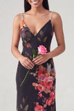 Robe longue formelle sirène à col fleuri en V à bretelles fines noires
