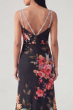 Robe longue formelle sirène à col fleuri en V à bretelles fines noires