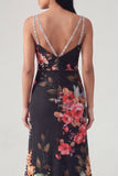 Robe longue formelle sirène à col fleuri en V à bretelles fines noires