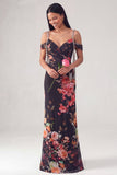 Robe formelle noire à épaules froides florales en forme de sirène à épaules froides