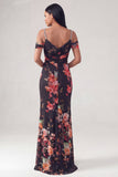 Robe formelle noire à épaules froides florales en forme de sirène à épaules froides