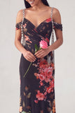 Robe formelle noire à épaules froides florales en forme de sirène à épaules froides