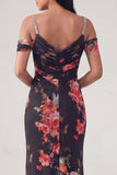 Robe formelle noire à épaules froides florales en forme de sirène à épaules froides