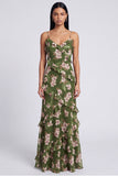 Robe fleurie à bretelles fines en sirène vert foncé à volants
