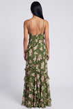 Robe fleurie à bretelles fines en sirène vert foncé à volants