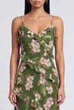 Robe fleurie à bretelles fines en sirène vert foncé à volants