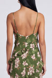 Robe fleurie à bretelles fines en sirène vert foncé à volants
