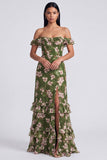 Robe fleurie à volants à volants vert foncé à épaules dénudés