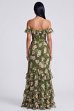 Robe fleurie à volants à volants vert foncé à épaules dénudés