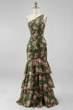 Robe florale à volants à volants vert foncé d’une épaule et à une épaule