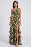 Robe florale à volants à volants vert foncé d’une épaule et à une épaule
