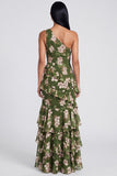 Robe florale à volants à volants vert foncé d’une épaule et à une épaule