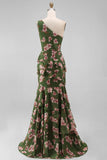 Robe florale à volants à volants vert foncé d’une épaule et à une épaule