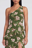 Robe florale à volants à volants vert foncé d’une épaule et à une épaule
