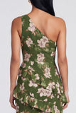 Robe florale à volants à volants vert foncé d’une épaule et à une épaule