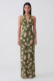 Robe longue à fleurs à fleurs à dos nu vert foncé