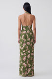 Robe longue à fleurs à fleurs à dos nu vert foncé