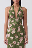Robe longue à fleurs à fleurs à dos nu vert foncé