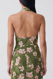 Robe longue à fleurs à fleurs à dos nu vert foncé