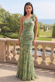 Robe formelle sirène vert poussiéreux à une épaule froncée avec des fleurs 3D