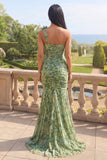 Robe formelle sirène vert poussiéreux à une épaule froncée avec des fleurs 3D