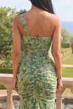 Robe formelle sirène vert poussiéreux à une épaule froncée avec des fleurs 3D