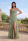 Robe fleurie à bretelles fines vert poussiéreux A Line avec fente