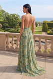 Robe fleurie à bretelles fines vert poussiéreux A Line avec fente