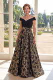 Noir, une ligne décollée sur les épaules, Jacquard longue robe de mère de la mariée avec nœud