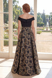 Noir, une ligne décollée sur les épaules, Jacquard longue robe de mère de la mariée avec nœud