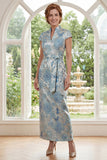 Fourreau long de la mère de la mariée bleu Jacquard à col montant