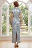 Fourreau long de la mère de la mariée bleu Jacquard à col montant