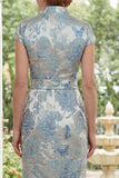 Fourreau long de la mère de la mariée bleu Jacquard à col montant