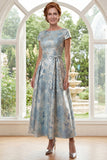Robe longue Mère de la Mariée à col bateau jaquard bleu A-Line avec nœud