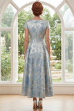 Robe longue Mère de la Mariée à col bateau jaquard bleu A-Line avec nœud