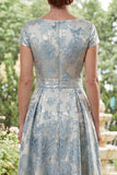 Robe longue Mère de la Mariée à col bateau jaquard bleu A-Line avec nœud