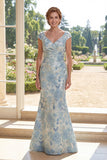 Robe de la mère de la mariée sirène bleue à col en V Jacquard à long nœud