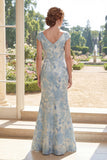 Robe de la mère de la mariée sirène bleue à col en V Jacquard à long nœud