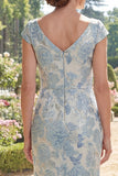 Robe de la mère de la mariée sirène bleue à col en V Jacquard à long nœud