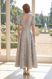 Robe longue Mother of the Bride Mother Of the Bride A-Line Blu Dust Neck Jacquard à col en V avec manches bouffantes