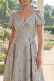 Robe longue Mother of the Bride Mother Of the Bride A-Line Blu Dust Neck Jacquard à col en V avec manches bouffantes