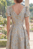 Robe longue Mother of the Bride Mother Of the Bride A-Line Blu Dust Neck Jacquard à col en V avec manches bouffantes