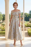 Ligne A, bleu poussiéreux décollé sur les épaules, Jacquard longue robe de mère de la mariée