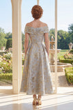Ligne A, bleu poussiéreux décollé sur les épaules, Jacquard longue robe de mère de la mariée
