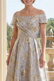 Ligne A, bleu poussiéreux décollé sur les épaules, Jacquard longue robe de mère de la mariée