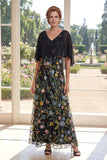 Robe longue longue mère de mariée brodée en tulle noir A-line avec manches flottantes