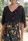 Robe longue longue mère de mariée brodée en tulle noir A-line avec manches flottantes