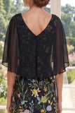 Robe longue longue mère de mariée brodée en tulle noir A-line avec manches flottantes